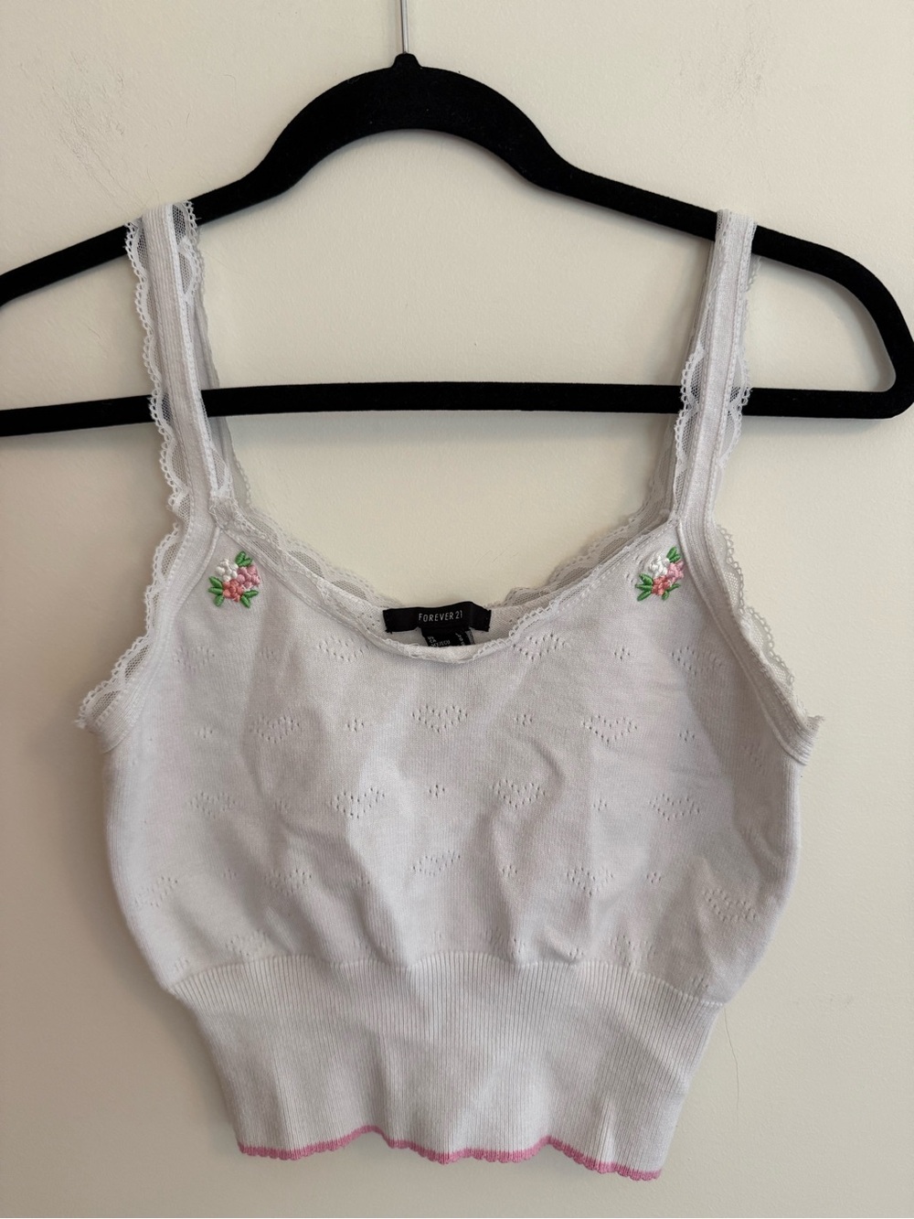 Forever 21 White Lace-Trim Embroidered Floral Crop Camisole